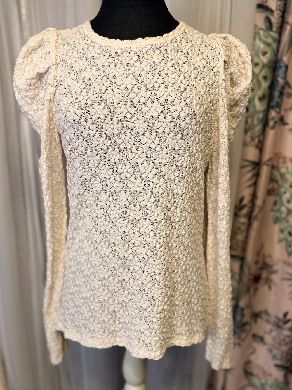 LOFT Cream Crochet Puff-Sleeve Knit Top
